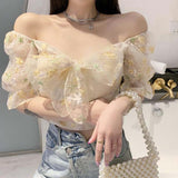 Kukombo French Floral Dress Women Sexy Puff Sleeve Lace Chiffon Print Mini Dress Women Summer Korean Style Vintage Fairy Dress New 2023