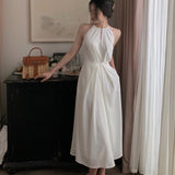 Elegant Lady White Strapless Dress Women Vestidos French Style Vintage Solid Halter Strap Dress Femme Robe