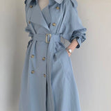 Kukombo Christmas Gift Autumn Winter Elegant Double Breasted Women Long Trench Coats Long Sleeve Loose Belted Split Female Blue Windbreaker