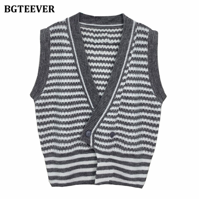 Christmas Gift BGTEEVER Vintage Irregular Double Breasted Women Cardigans Tops Autumn V-neck Sleeveless Loose Striped Female Knitted Sweaters