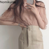 Kukombo Korean Chic Short Sleeve Shirts O Neck Slightly Transparent Elegant Blouse Women New Arrival Vintage Blusas Mujer 3e253