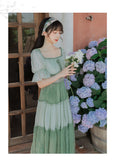 Kukombo Mori Girl Green Gentle Fairy Summer Chiffon Dresses Puff Sleeve Square Neck Elegant French Retro Floral Dress Vestidos De Fiesta