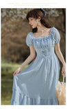 Kukombo Blue Gentle Romantic Fairy Dress Women Ruffled Square Collar Elegant High Waist Beaded Bow Sweet Cute Long Dress Summer 2022 New