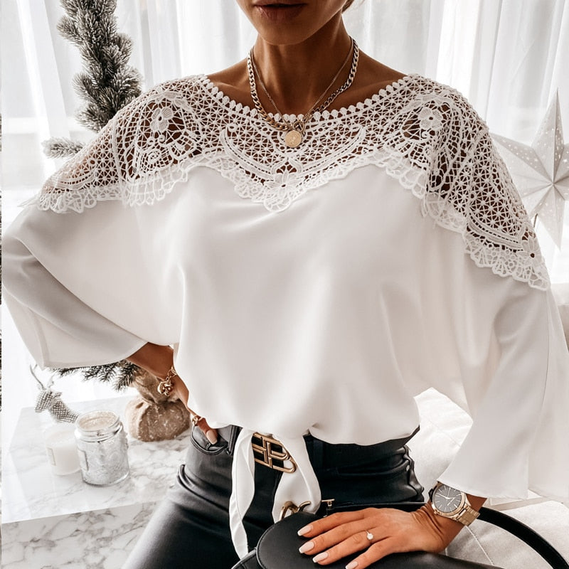Christmas Gift 2024 Women Autumn Sexy Lace Stitching White Shirts Vintage Plus Size Ladies Tops New Crochet Embroidery Lace Blouse Blusas 12459