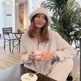 Kukombo Casual High Waist Lace-Up Pants Set Women Fashion Long Sleeve Shirts Two Piece Pants Set Female Solid Wide Trouser Suits