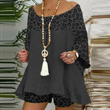 Summer Vintage Leopard Patchwork Outfits Set Cotton Linen Shirt Tops And Loose Shorts Suit Casual 3/4 Sleeve Women Two Piece Set-0406