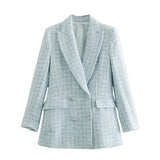Kukombo Stylish Chic Blue Tweed Jacket Women 2022 Fashion Turn-down Collar Double Breasted Pockets Coat Female Casual Outerwear