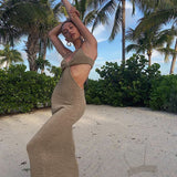 Kukombo Ribbed Knitted Women Pure Strap Midi Dress Hollow Out Bodycon Sexy Streetwear Party Club Festival 2022 Spring Summer