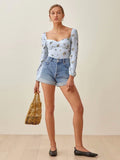Kukombo Vintage Blue Tartan Floral Print  Women Tops And Blouses Chic Slim Long Sleeve Ropa Mujer Fashion Square Collar Shirt Tops