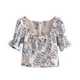 Kukombo Vintage Ivory Blue Flower Print Shirt Retro Elastic Ruched Back Square Collar Short Sleeve Short Blouse Tank Top Tops