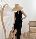 Kukombo Women's Summer Halter Elegant Sexy Midi White Dress Sleeveless Casual Beach Bodycon Black Vestidos Femme Fashion Party Clothes