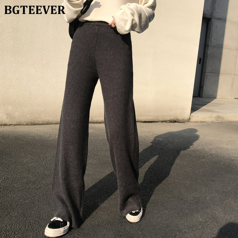 Christmas Gift Autumn Winter Women Thick pant Loose Elastic Waist Straight Leg Knitted Long Pant 2021 Ladies Casual Sweater Trouser