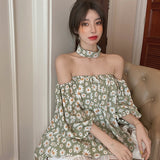 Kukombo  JuneLove Fashion Women Blouse Lady Loose Off Shoulder Floral Printed Tops Casual Short Sleeve Shirt Blouse Summer Set Wear Suits