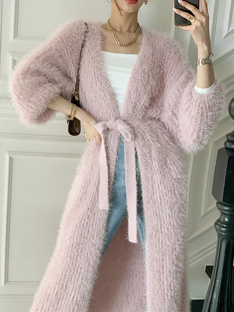 Christmas Gift New 2021 Women's Autumn Winter Sweaters Elegant Lady Mohair Cardigans Fashionable Lace Up Pink Long Knitwear SWC3378