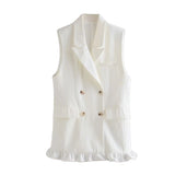 Kukombo Stylish Chic Khaki Ruffles Double Breasted Vest Coat Women 2021 Fashion Pockets Waistcoat Female Casual Outfitsar
