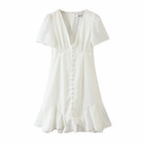 Kukombo vintage button white chiffon dress women summer autumn ruffle v neck party dress chic ladies short dress vestidos 2022