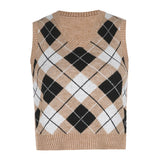 Christmas Gift HEYounGIRL Argyle Khaki Cropped Sweater Vest  Vintage Sleeveless Knitted Pullover Women V Neck Preppy Style Tank Vest Autumn