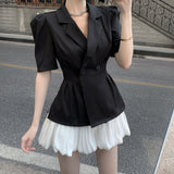 Christmas Gift 2PCS Women Summer 2021 Blazer Coat + Short Skirts Sets Elegant Short Sleeve OL Suits Korean Ladies Clothing Set Female 9397#