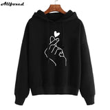 Christmas Gift Women Heart Finger Print Hoodies Winter Casual Warm Fleece Solid Drawstring Hooded Sweatshirts Loose Long Sleeve Pullover Tops