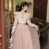 Kukombo 2 Piece Set Women Outfits Sweet Elegant Skirt Suit Flare Sleeve Cute Doll Collar Lace Shirt Top And Fairy High Waist Mesh Skirt K151
