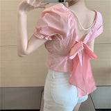 Kukombo Fashion New Pearl Chain Shirt Women Summer French Bow Backless White Blouse Sweet Puff Sleeve Crop Top Female