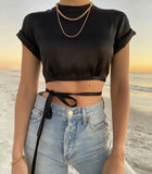 Kukombo Elegant Satin Summer Top Camis Women Backless Bandage Crop Top White Short Tops 2023 Blusas De Mujer