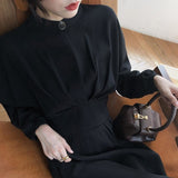 Kukombo Vintage Long Sleeve Elegant Autumn Bodycon Dress Women Women's Spring Slimming Pleated Stand Collar Midi Dress Dresses Female