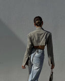 Kukombo Gray Double Layer Bandage Slim Blazer Women Long Sleeve Pocket Short Jacket Female Notched Collar Outwear Tops New
