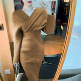 Christmas Gift Elegant V-neck Bodycon Knitted Dress for Women Autumn Winter Full Sleeve Slim Waist Female Sweaters Vestidos Fashion A-Line Robe