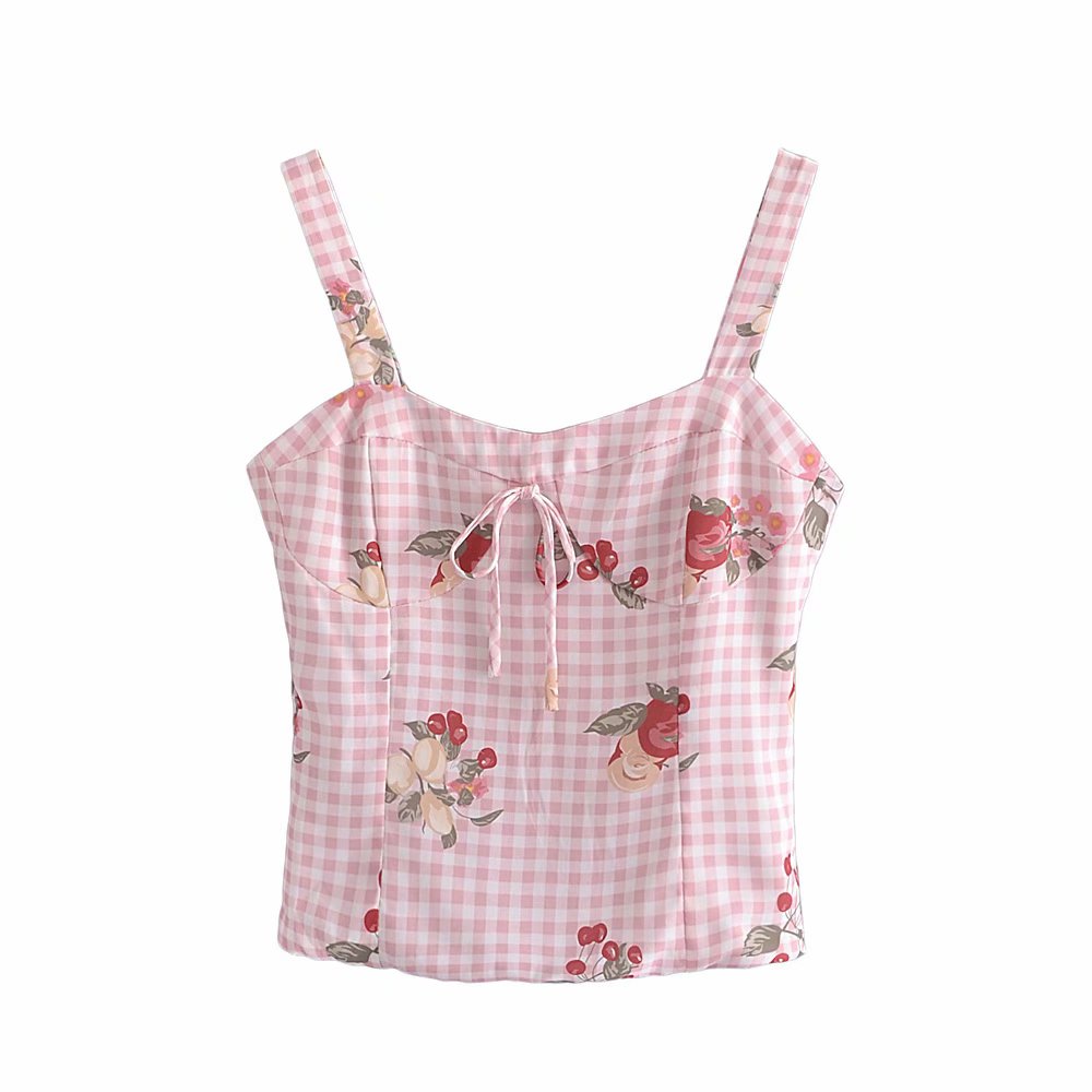 Kukombo Women 2022 Fashion With French Lattice Cherry Printing Crop Sling Tops Vintage Backless Elastic Thin Straps Female Tops