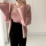 Kukombo  Two Pieces Sets Women Knitted Cardigan 2022 New Long Sleeve Knitwear Coat + Slim Basic One Word Collar Vest Autumn Sweater Suits