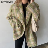 Christmas Gift BGTEEVER Vintage Loose Women Jacket Plaid Blazer Autumn Chic Double Breasted Female Long Suit Jackets Stylish Ladies Blazer