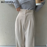Christmas Gift BGTEEVER Fashion Women Corduroy Long Pant High Waist Double Button Loose Female Straight Leg Trousers Casual Pantalon Femme 2021