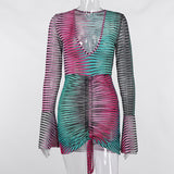 Kukombo Women Autumn Long Sleeve V Neck Printed Bodycon Gradient Sexy Mini Dress Fall Clothes Items