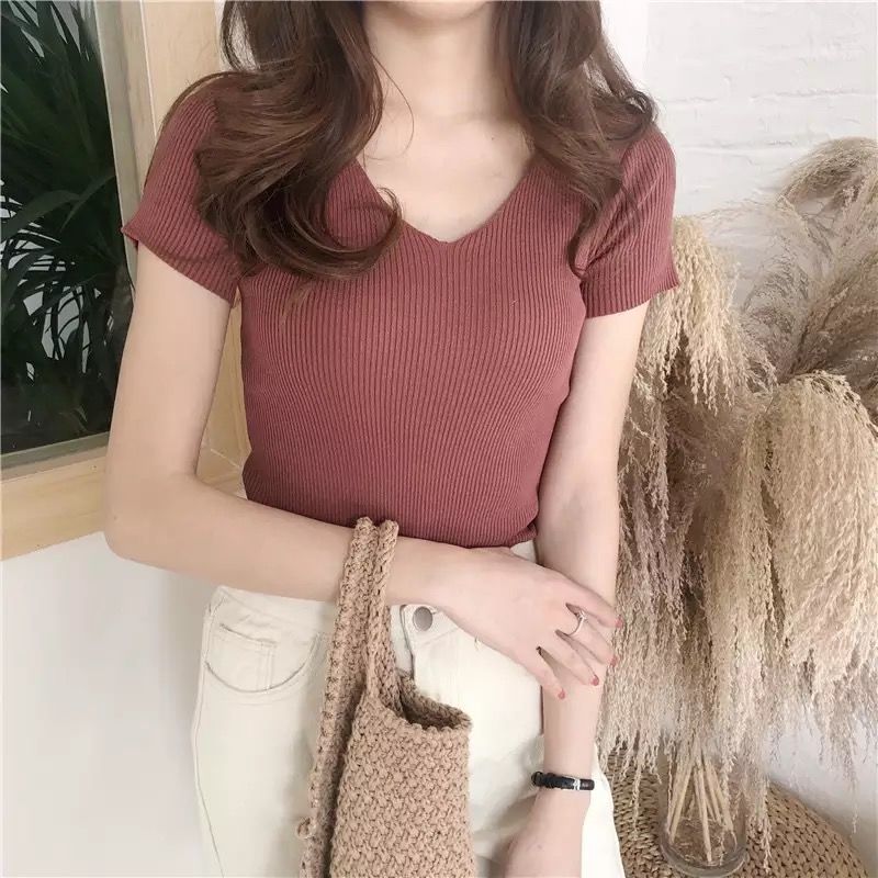 Kukombo Hirsionsan Knitted V Neck T Shirt Women New Korean Sexy T Shirt Vintage Skinny Female Tees 12 Colors Soft Solid Short Tops