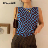 Christmas Gift HEYounGIRL Plaid Knitted Crop Tank Tops Women Summer Vintage Sleeveless Cropped Top Tees Koreank Casual Knitwear Streetwear