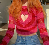 Kukombo Heart Shape Hollow Out Sweaters Sweet Cute Sexy Long Sleeve O-Neck Knitted Pullovers Women Winter Casual Streetwear
