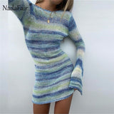 Nadafair Tie Dye Mini Knitted Sweater Dress Women Long Sleeve Autumn Outfits Sexy Backless Beach Bodycon Dress Winter Clothing