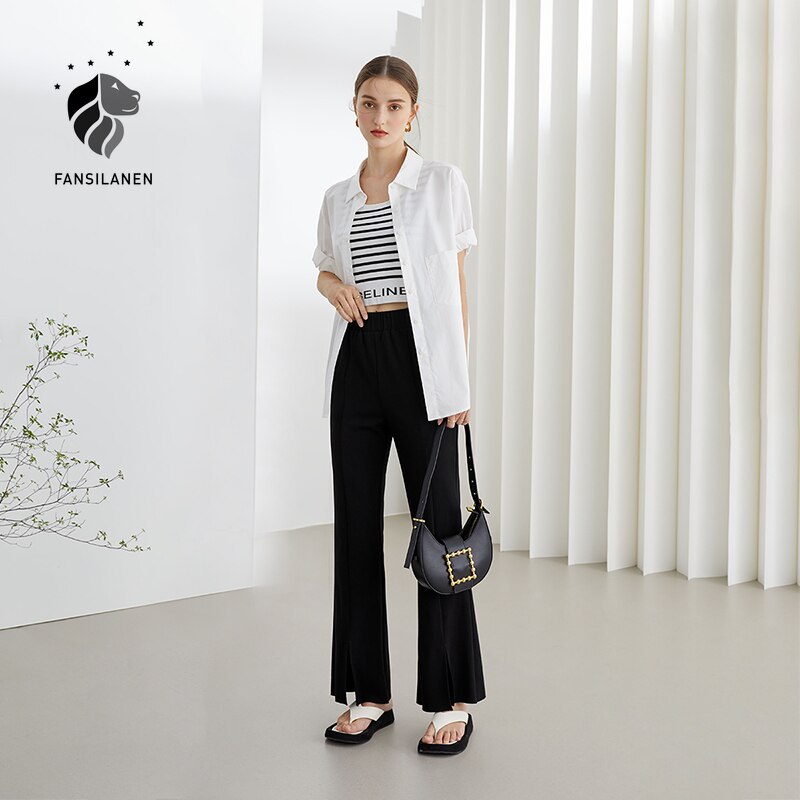 Christmas Gift FANSILANEN Office Lady Knitted Pants Women 2021 New Summer Slit Casual Pants High Waist Mopping Black Blue Pants Dropshipping