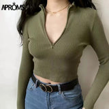 Christmas Gift Aproms Elegant High Neck Zipper Front Knitted Sweater Women Solid Basic Cropped Pullover Winter Spring Fashion Clothing Top 2021