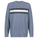 Christmas Gift HEYounGIRL Striped V Neck Oversized Sweater Women Casual Loose Knitted Jumper Ladies Preppy Style Vintage Korean Knitwear Autumn