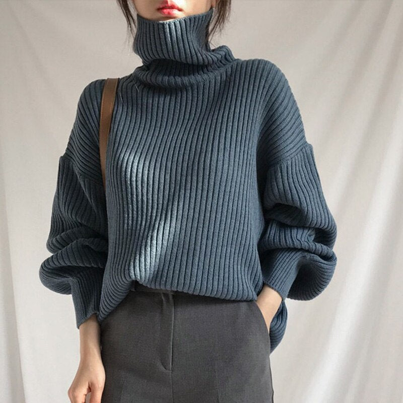Christmas Gift Vintage Thicken Striped Women Sweaters Autumn Winter Turtleneck Pullovers Jumpers Female Korean Knitted Tops Femme 2021