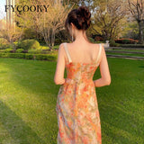 Kukombo French Floral Spaghetti Strap Dress Women Summer 2022 New Elegant Party Night Club Dress Casual Backless Vacation Woman Colthing
