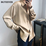 Christmas Gift BBTEEVER 2021 New Chic Women Satin Shirts Long Sleeve Solid Turn Down Collar Elegant Office Ladies Workwear Blouses Female