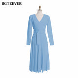 Christmas Gift BGTEEVER Elegant V-neck Thick Warm Women Knitted Pleated Dress Long Sleeve Belted Sashes Ladies Sweater Dress 2021 Autumn Winter
