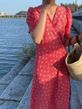 Kukombo Summer Dress Soft V-neck Floral Print Ladies Midi Dress Short Sleeve Lace-up Slim Waist Female Dress Women Vestidos