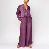 Kukombo  Women Solid Silk Two Piece Set Elegant Notched Drawstring Shirt Top And Split Wide Leg Pants Suits Casual Loose Ladies Clothing