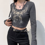 Kukombo Goth Print Cute Graphic T Shirts Women Black Techwear Long Sleeve Basic Autumn Tops Cropped Tee Shirt Girl Streetwear