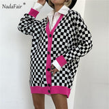 Nadafair Plaid Cardigan Sweater Women Lantern Sleeve Casual Loose Jumper Autumn Winter V Neck Knitted Oversized Cardigan Ladies-1104