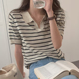 Christmas Gift Korean Chic Lazy Style T Shirt Lapel Contrast Stripe Design Tops Loose And Versatile Short Sleeve T-shirt Women's Top
